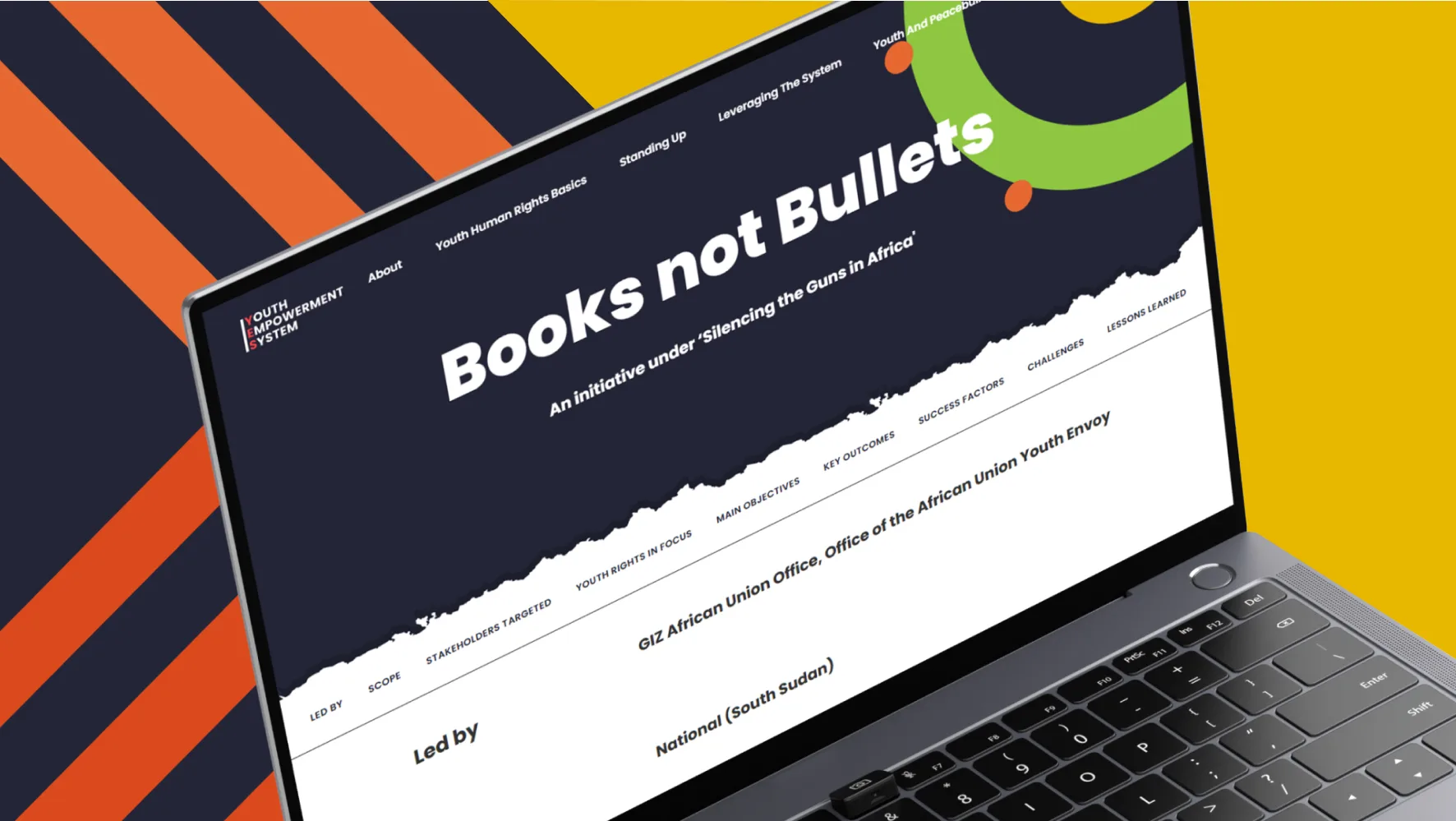Laptop mockup with headline 'books not bullets'