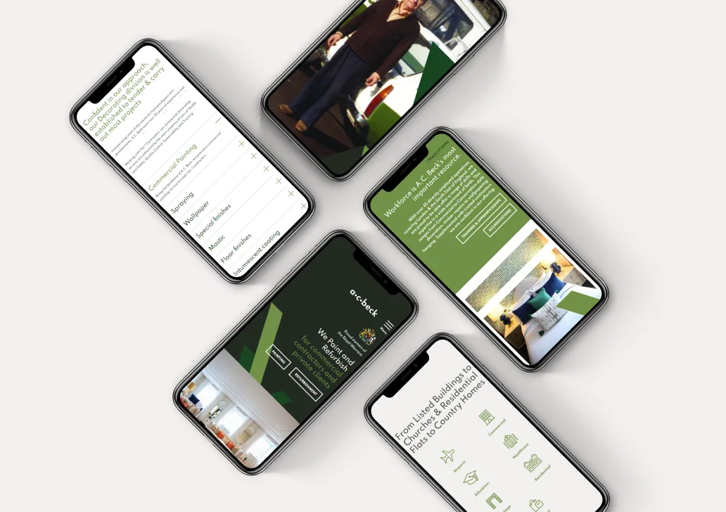 Isometric mobile phones showing various pages of A.C. Beck's website.