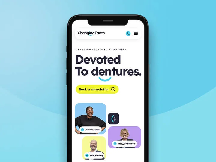 Device showing Changing Faces website