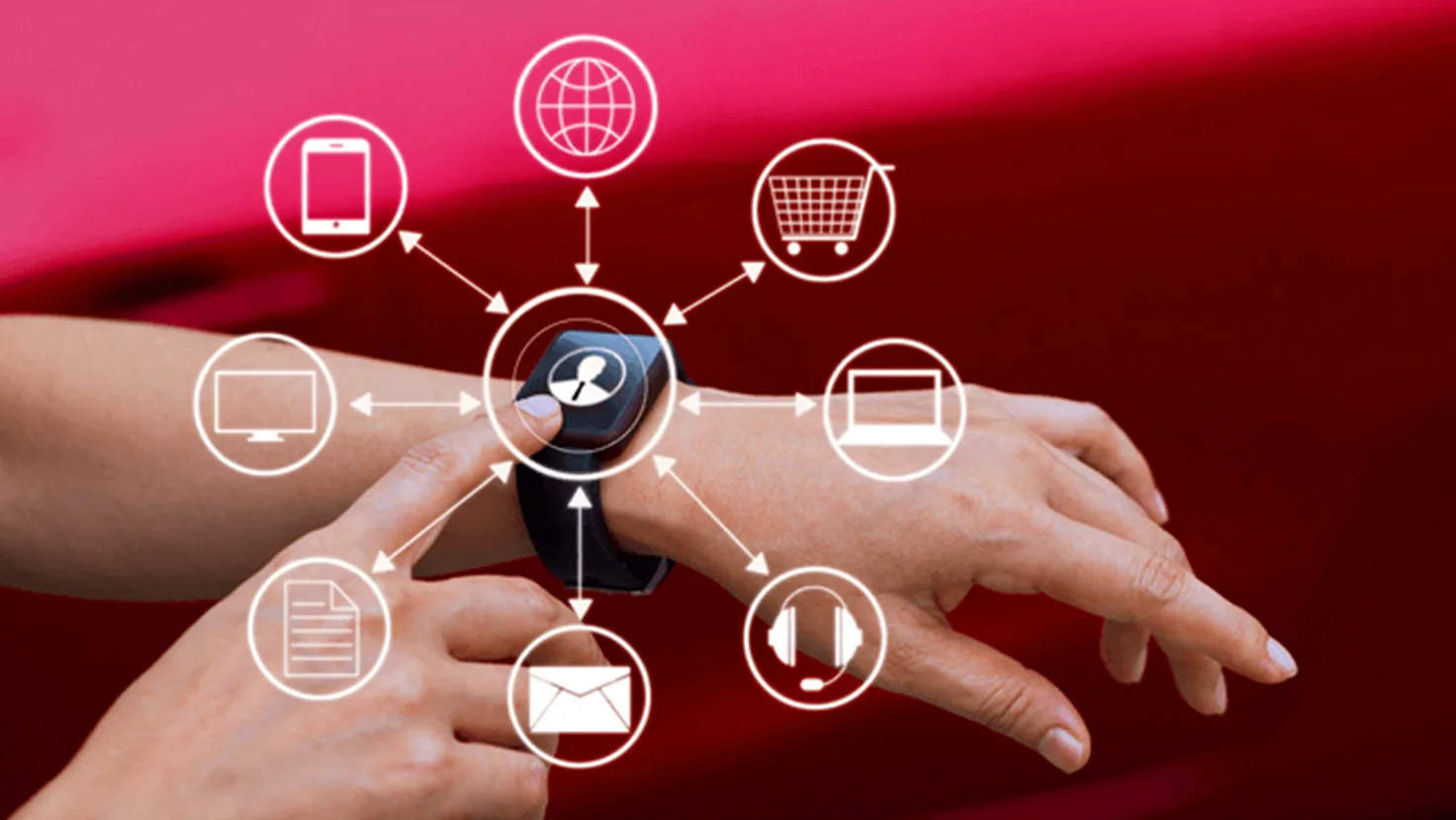 Hand with watch and various icons