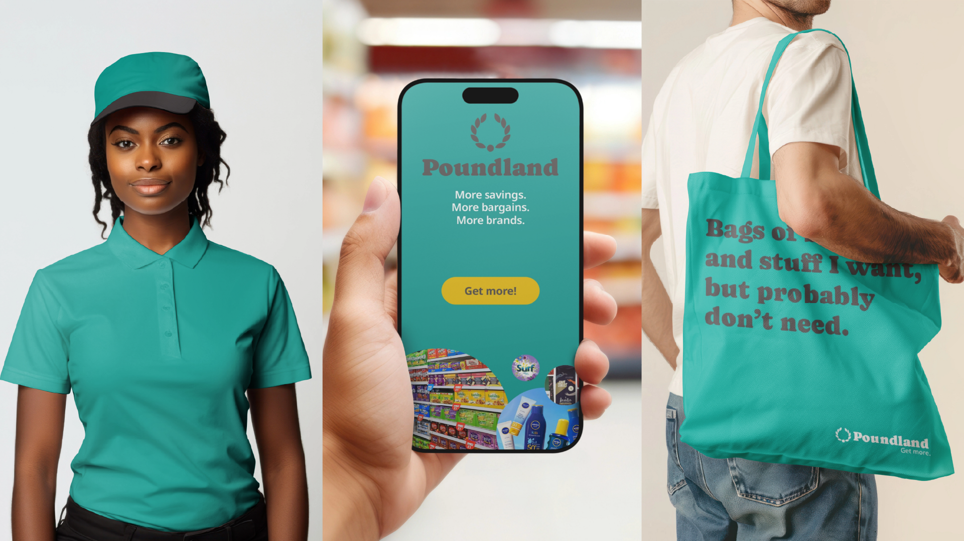 Poundland rebranded staff uniform, shopping app and shopping bag