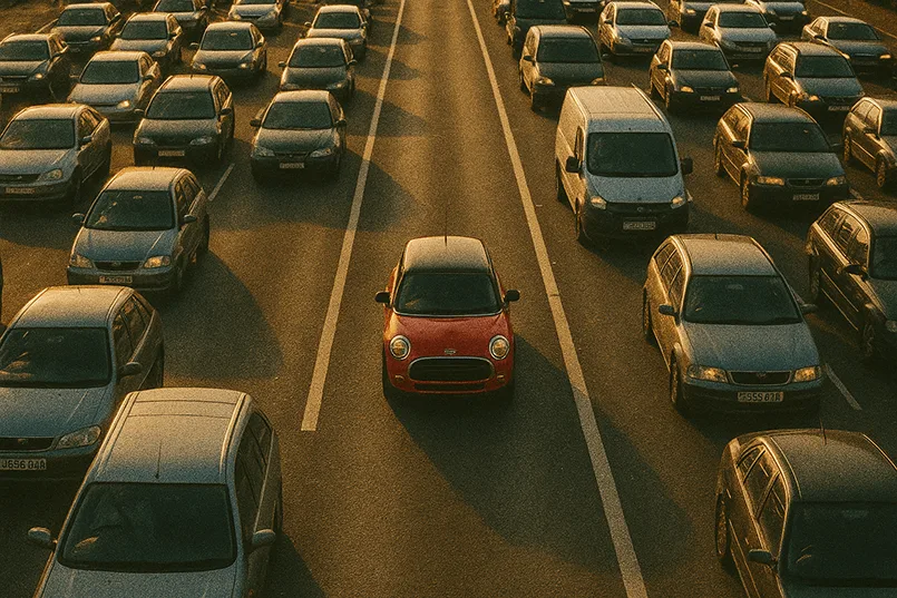 Red Mini car in it's own lane in heavy traffic.